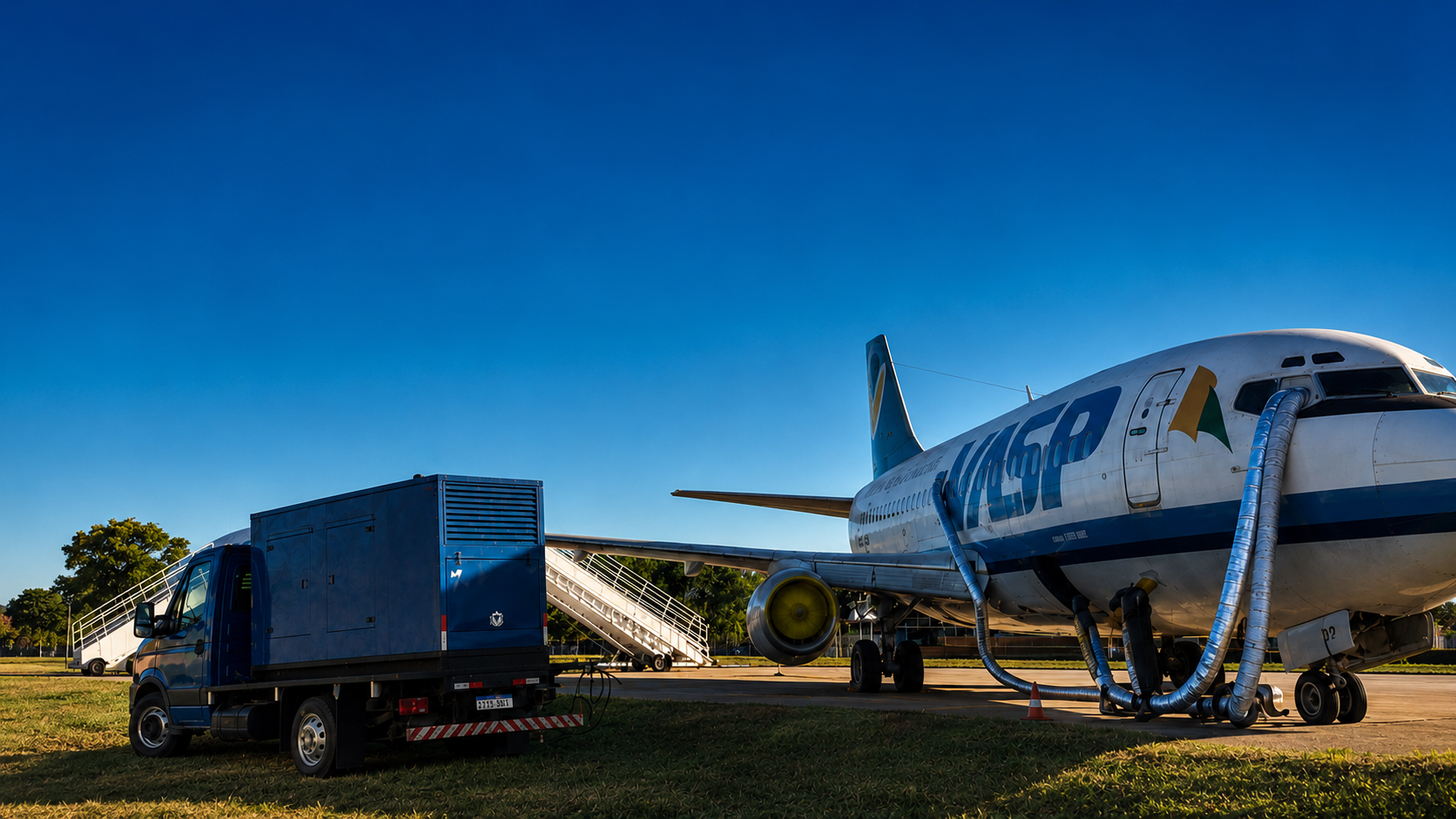 Gerador Haja Luz abastecendo aeronave da VASP